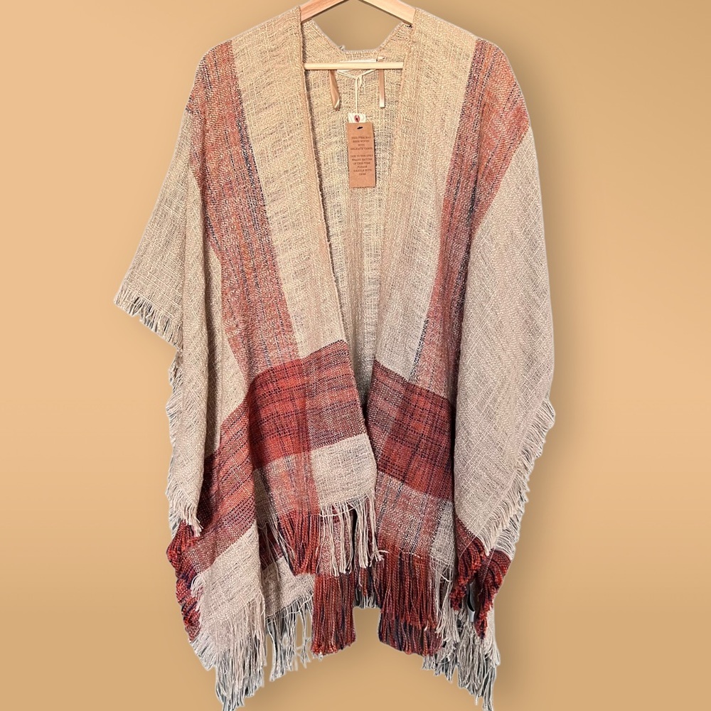 NWT Quagga Woven Plaid Fringe Open Poncho Wrap Orange/Tan OS Kaftan Ruana